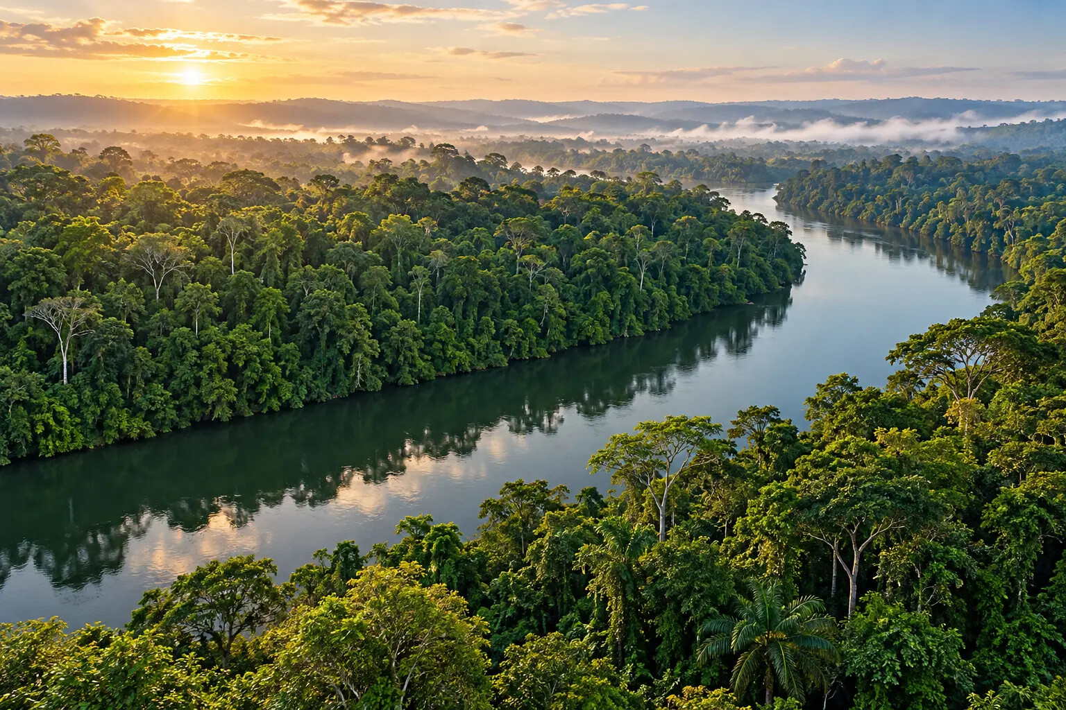Paisagem de floresta e rio amazônicos