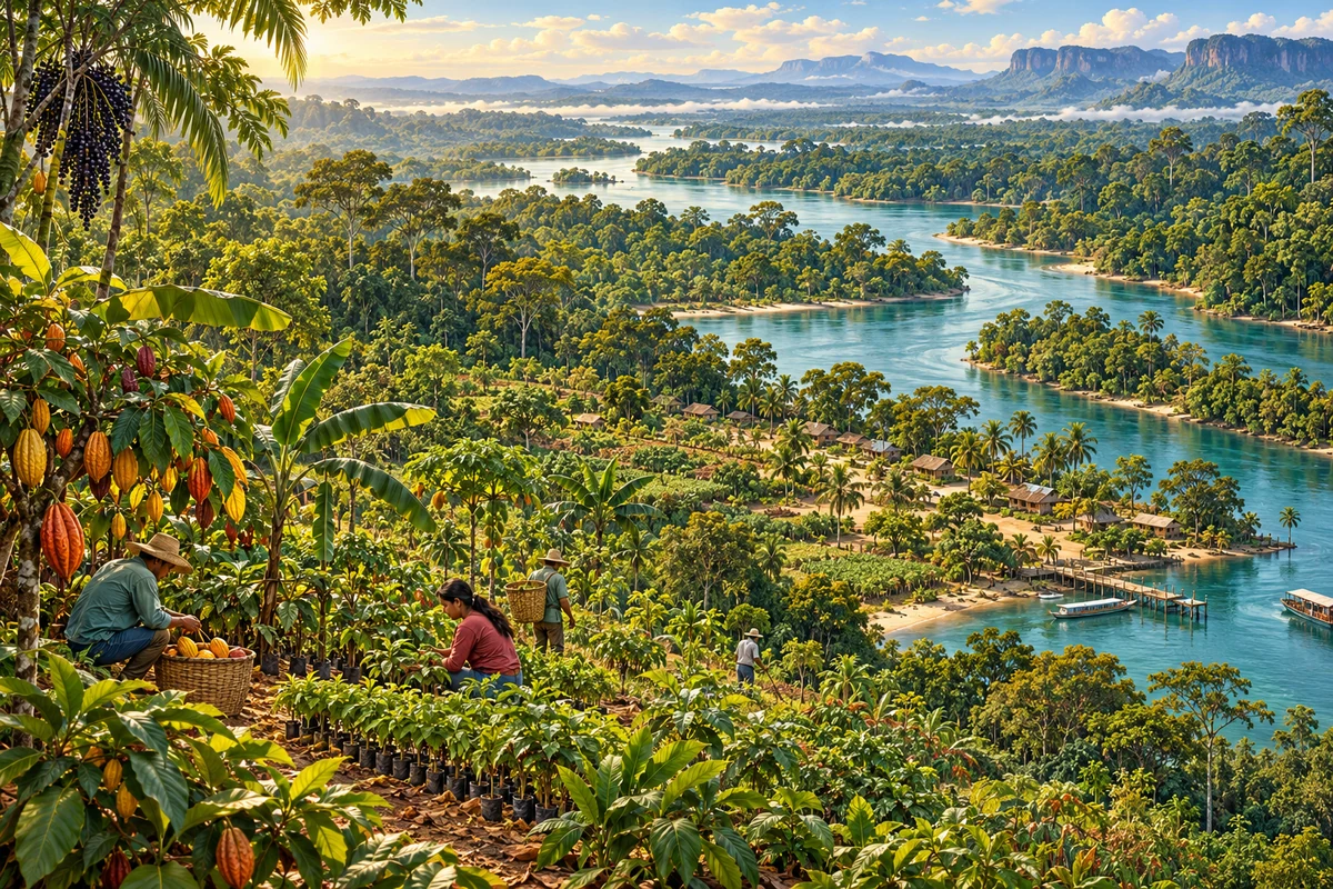 Ilustração de uma paisagem amazônica com agroflorestas, viveiro de mudas e produção comunitária junto ao rio.