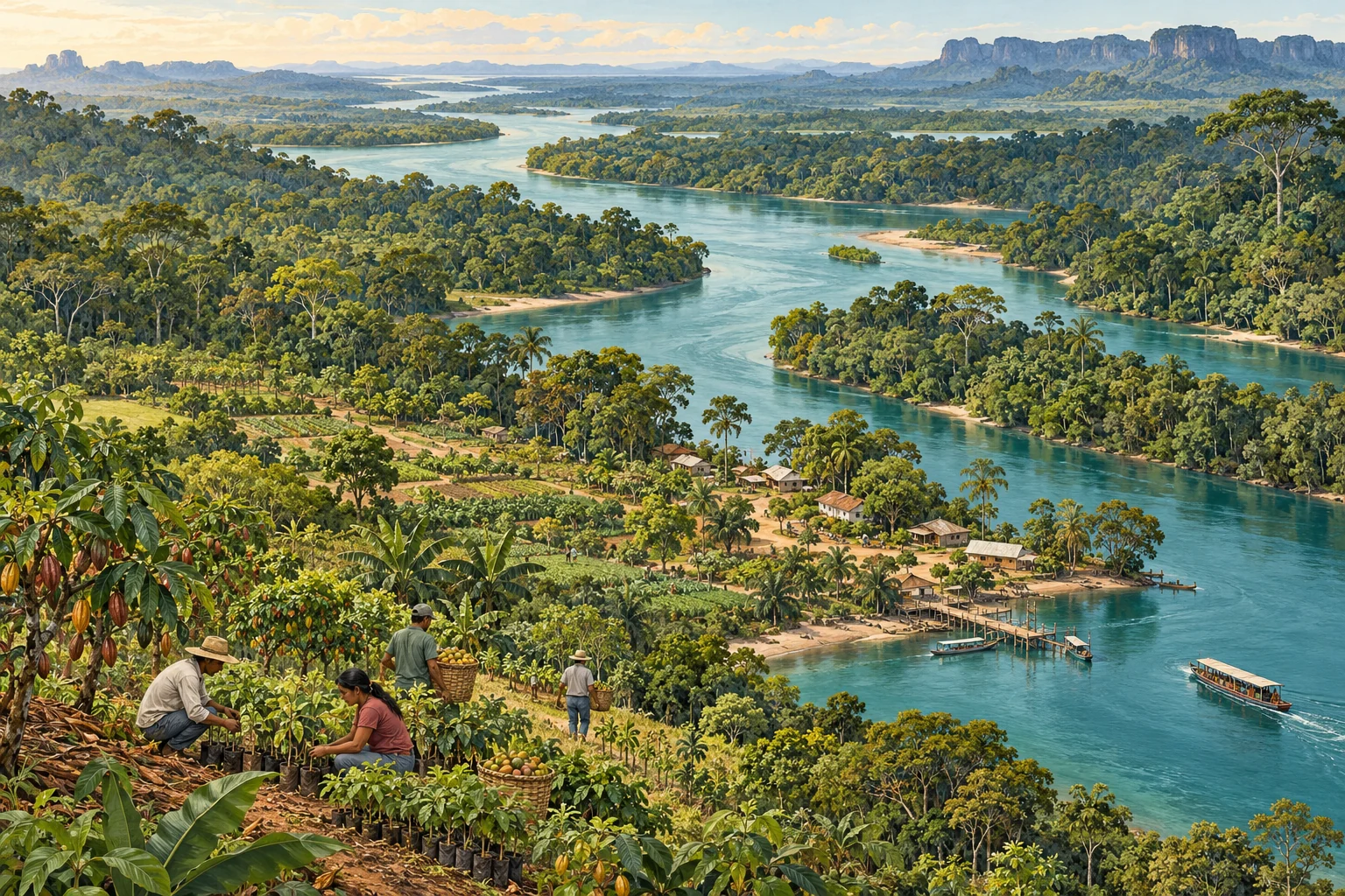 Ilustração de uma paisagem amazônica: rio, floresta ciliar, sistemas agroflorestais e comunidade em terra firme, com pessoas cultivando e organizando sua produção.